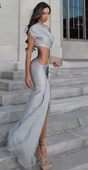 Elegant Irregular Hollow Ruched Diagonal Collar Shorts Sleeve Slits Street Trend Bodycon Long Dress