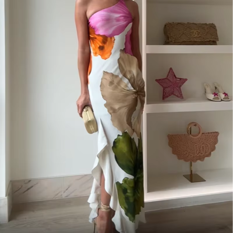 Elegant Irregular Neck Off Shoulder Printed Curling Edge Ankle-Length Maxi Dress