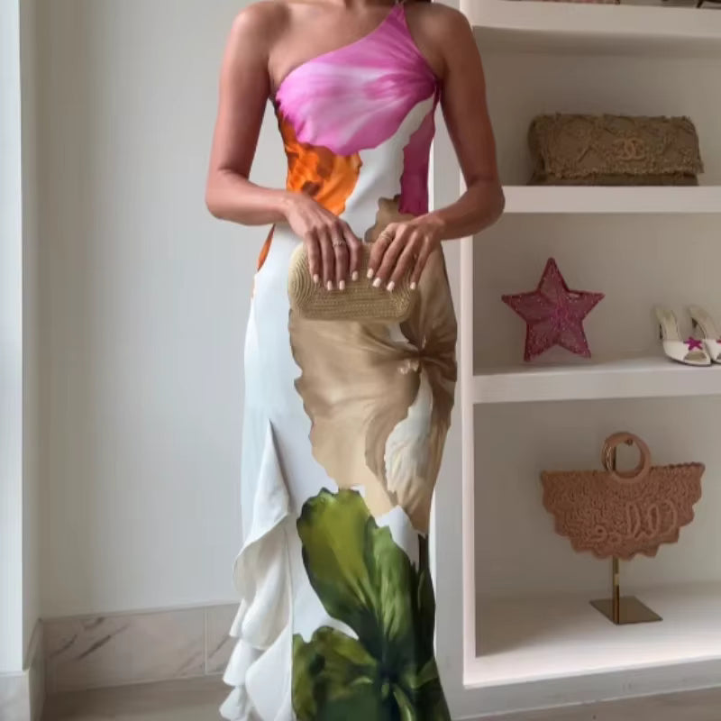 Elegant Irregular Neck Off Shoulder Printed Curling Edge Ankle-Length Maxi Dress