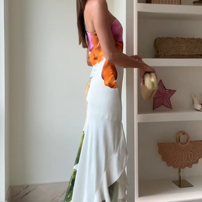 Elegant Irregular Neck Off Shoulder Printed Curling Edge Ankle-Length Maxi Dress