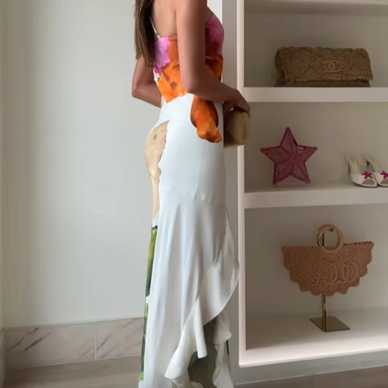 Elegant Irregular Neck Off Shoulder Printed Curling Edge Ankle-Length Maxi Dress