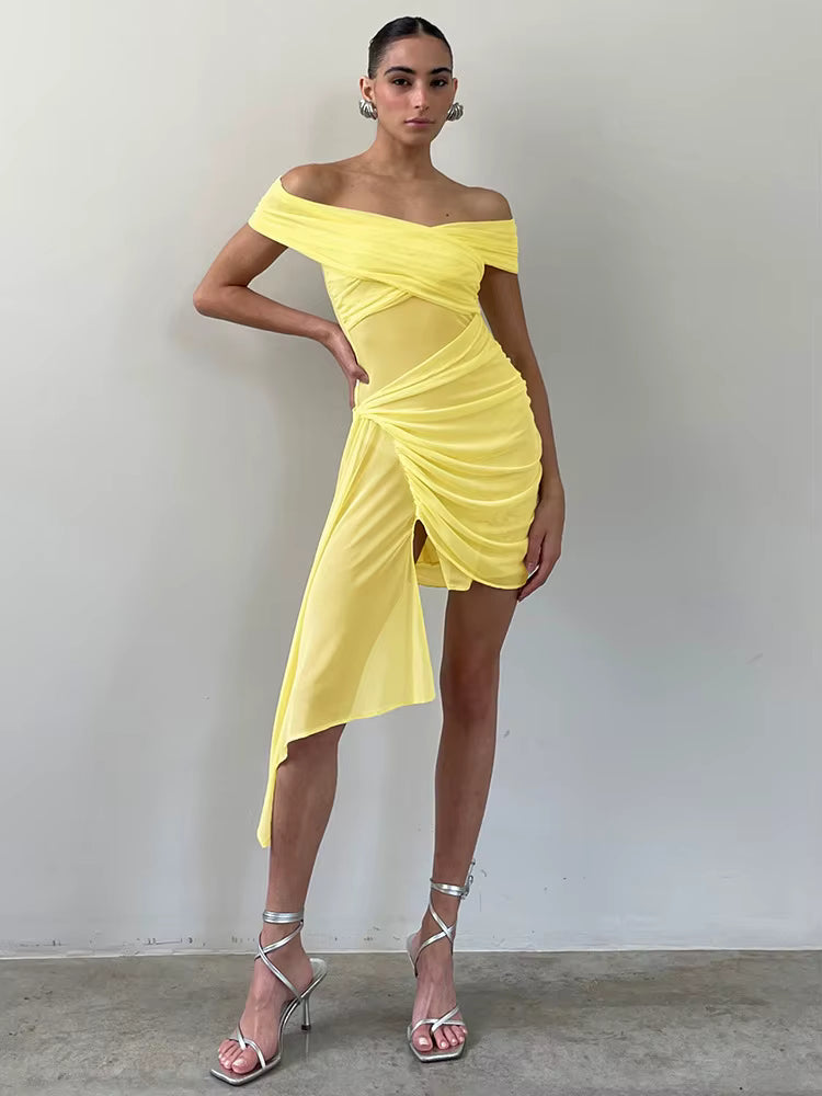 Elegant Irregular Off-shoulder Strapless Draped Ruched Bodycon Mini Dress