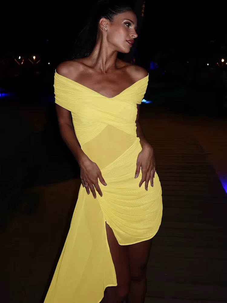 Elegant Irregular Off-shoulder Strapless Draped Ruched Bodycon Mini Dress