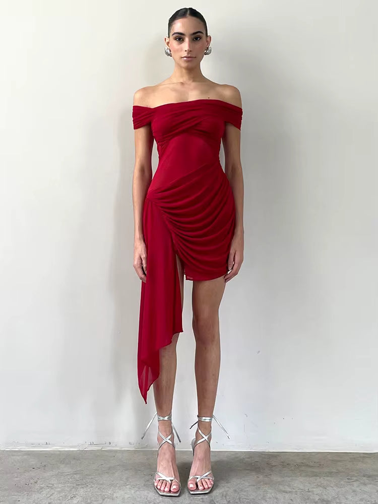 Elegant Irregular Off-shoulder Strapless Draped Ruched Bodycon Mini Dress