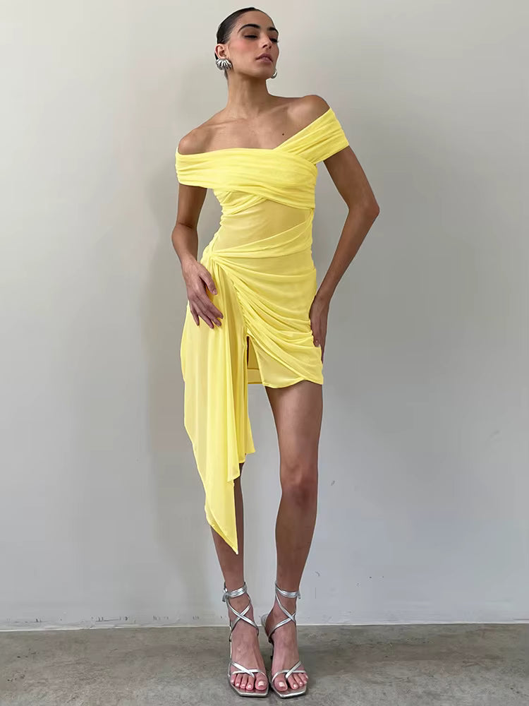 Elegant Irregular Off-shoulder Strapless Draped Ruched Bodycon Mini Dress