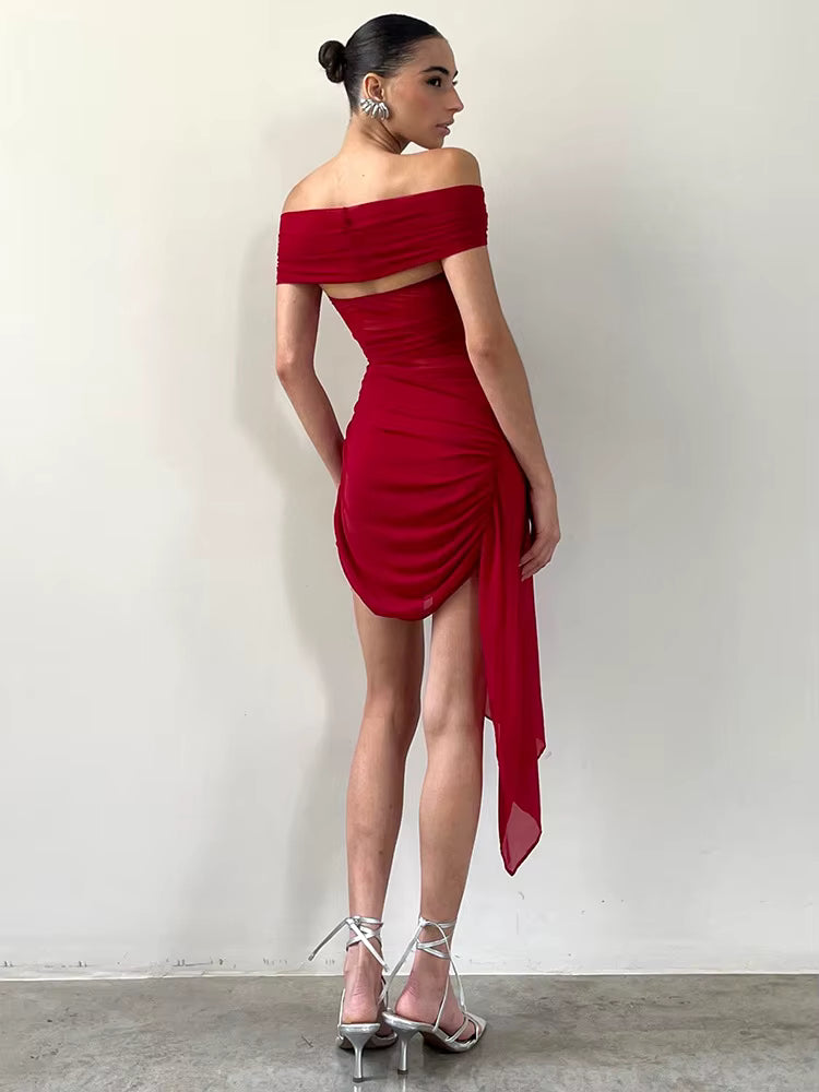 Elegant Irregular Off-shoulder Strapless Draped Ruched Bodycon Mini Dress