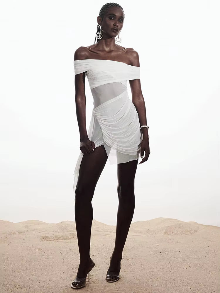 Elegant Irregular Off-shoulder Strapless Draped Ruched Bodycon Mini Dress
