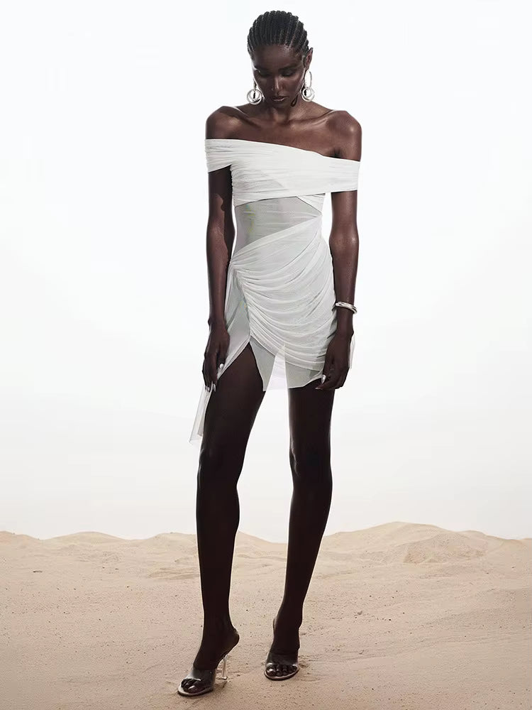 Elegant Irregular Off-shoulder Strapless Draped Ruched Bodycon Mini Dress
