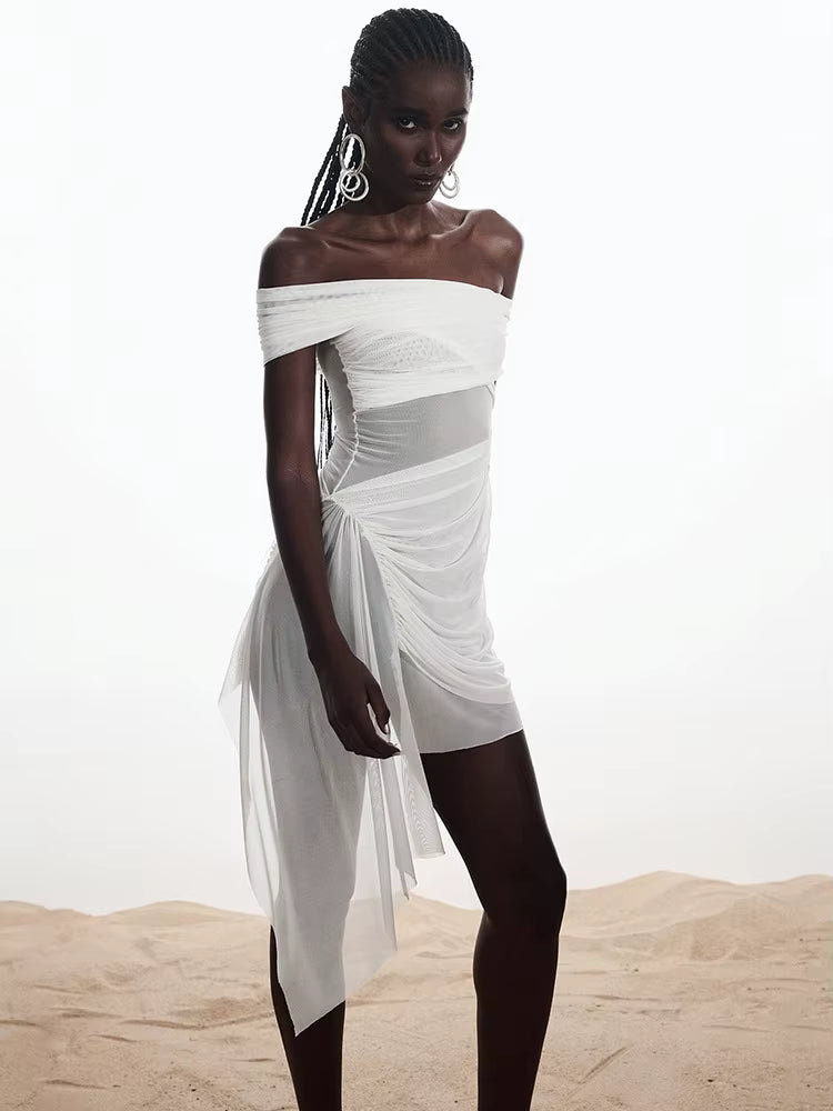 Elegant Irregular Off-shoulder Strapless Draped Ruched Bodycon Mini Dress