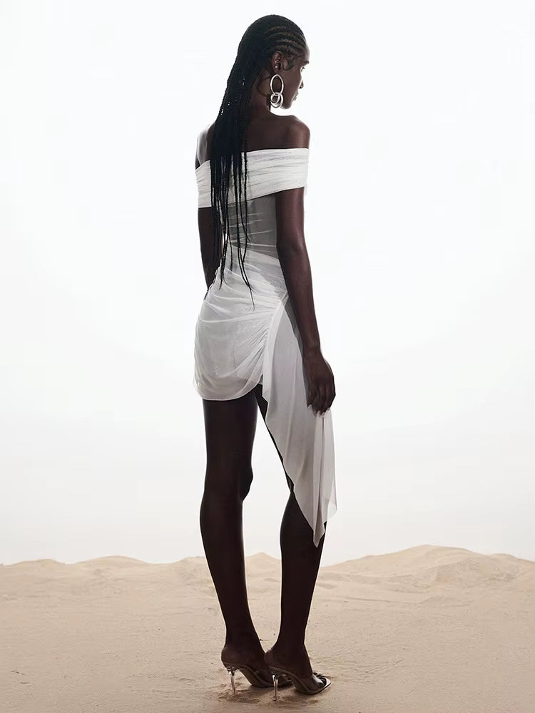 Elegant Irregular Off-shoulder Strapless Draped Ruched Bodycon Mini Dress