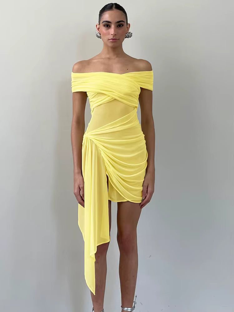 Elegant Irregular Off-shoulder Strapless Draped Ruched Bodycon Mini Dress