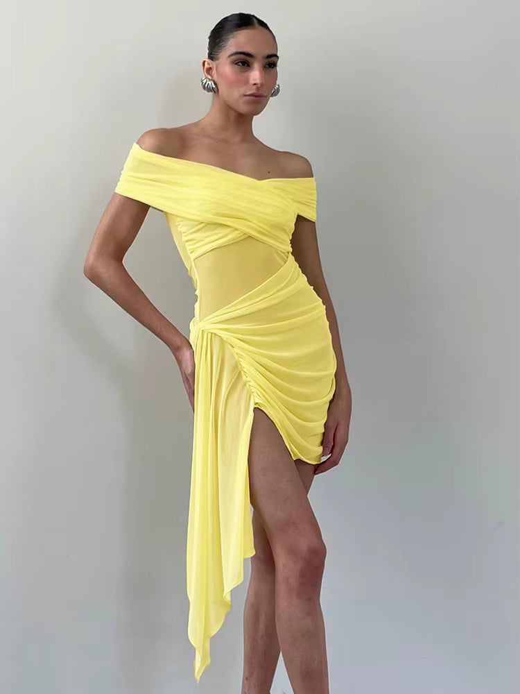 Elegant Irregular Off-shoulder Strapless Draped Ruched Bodycon Mini Dress