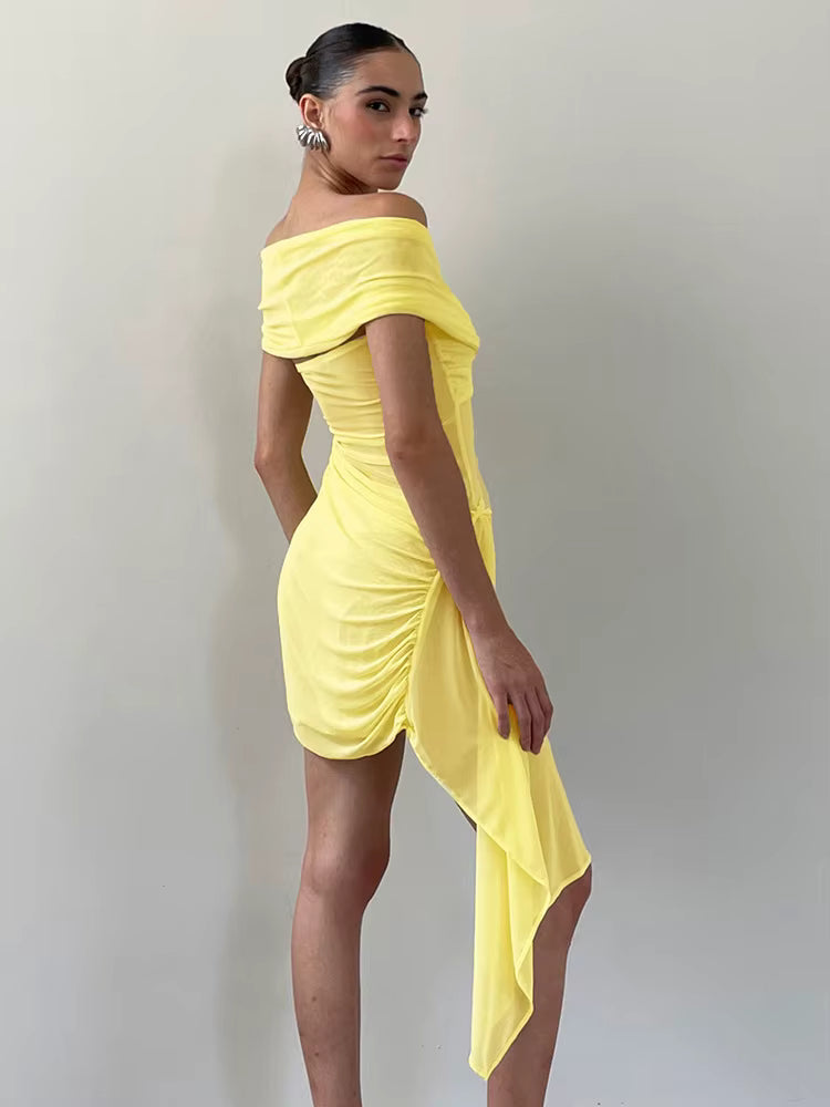 Elegant Irregular Off-shoulder Strapless Draped Ruched Bodycon Mini Dress