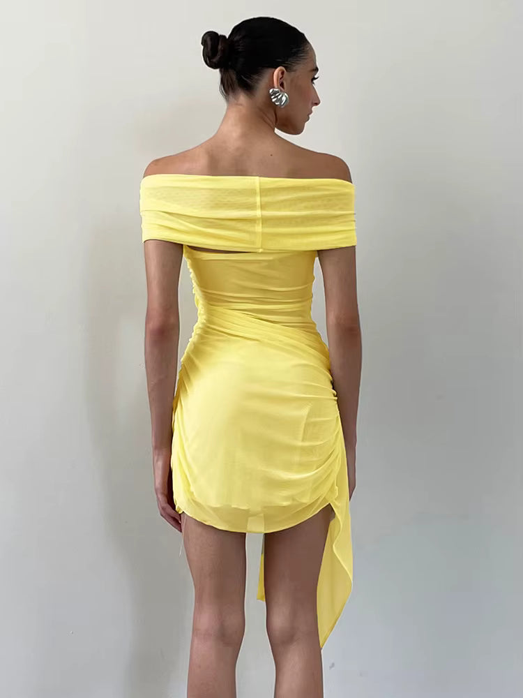 Elegant Irregular Off-shoulder Strapless Draped Ruched Bodycon Mini Dress