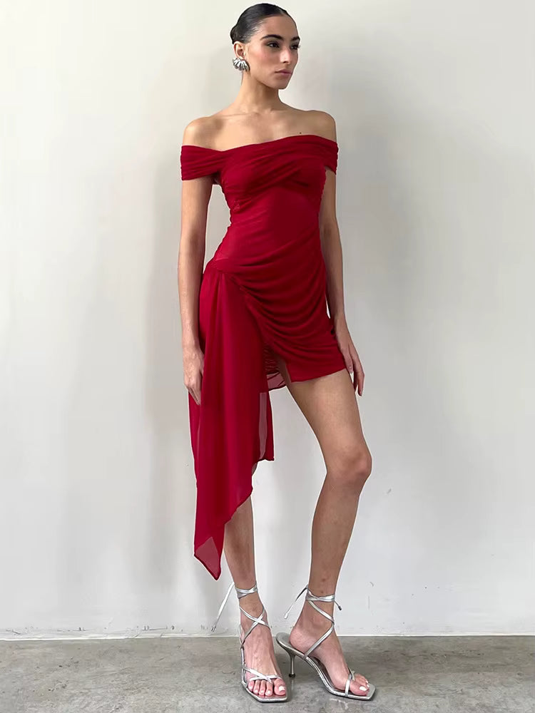 Elegant Irregular Off-shoulder Strapless Draped Ruched Bodycon Mini Dress