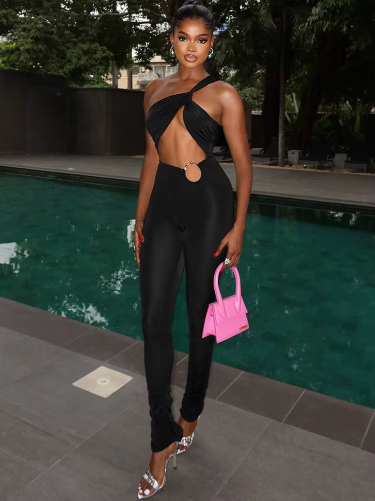 Elegant Irregular Single Shoulder Strap Sleeveless Skinny Hollow Jumpsuits
