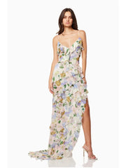 Elegant Irregular Symmetrical Long Side Layered Suspender Floral Maxi Dress