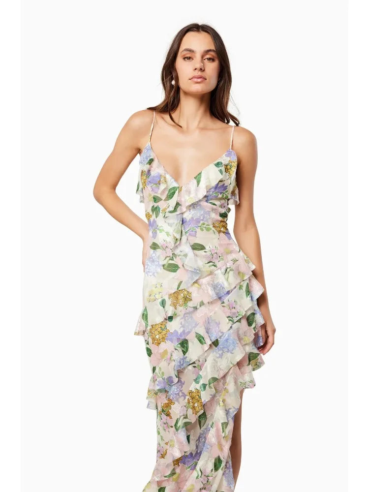 Elegant Irregular Symmetrical Long Side Layered Suspender Floral Maxi Dress