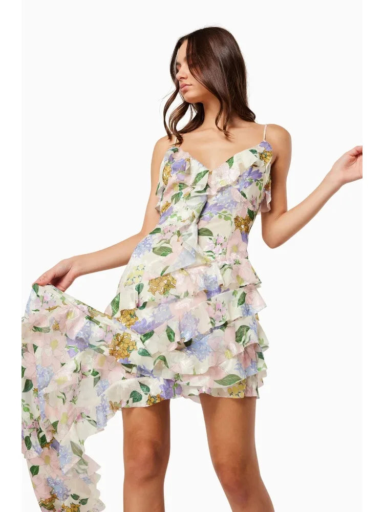 Elegant Irregular Symmetrical Long Side Layered Suspender Floral Maxi Dress