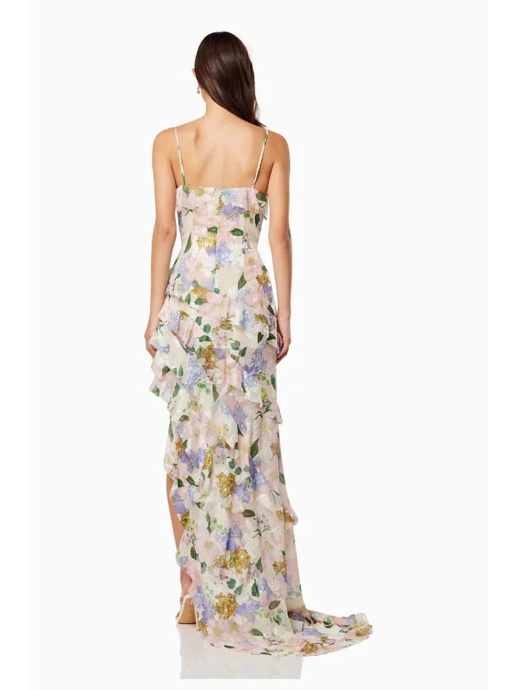 Elegant Irregular Symmetrical Long Side Layered Suspender Floral Maxi Dress