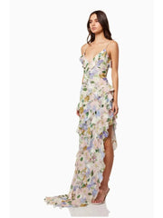 Elegant Irregular Symmetrical Long Side Layered Suspender Floral Maxi Dress