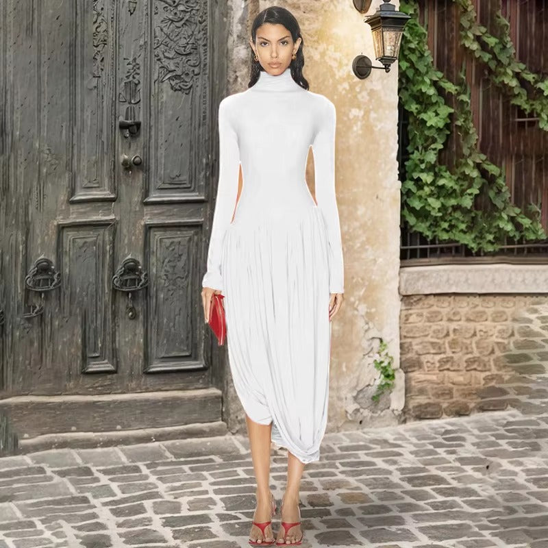 Elegant Irregular Turtleneck Tassel Loose Waist Midi Dress