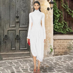 Elegant Irregular Turtleneck Tassel Loose Waist Midi Dress