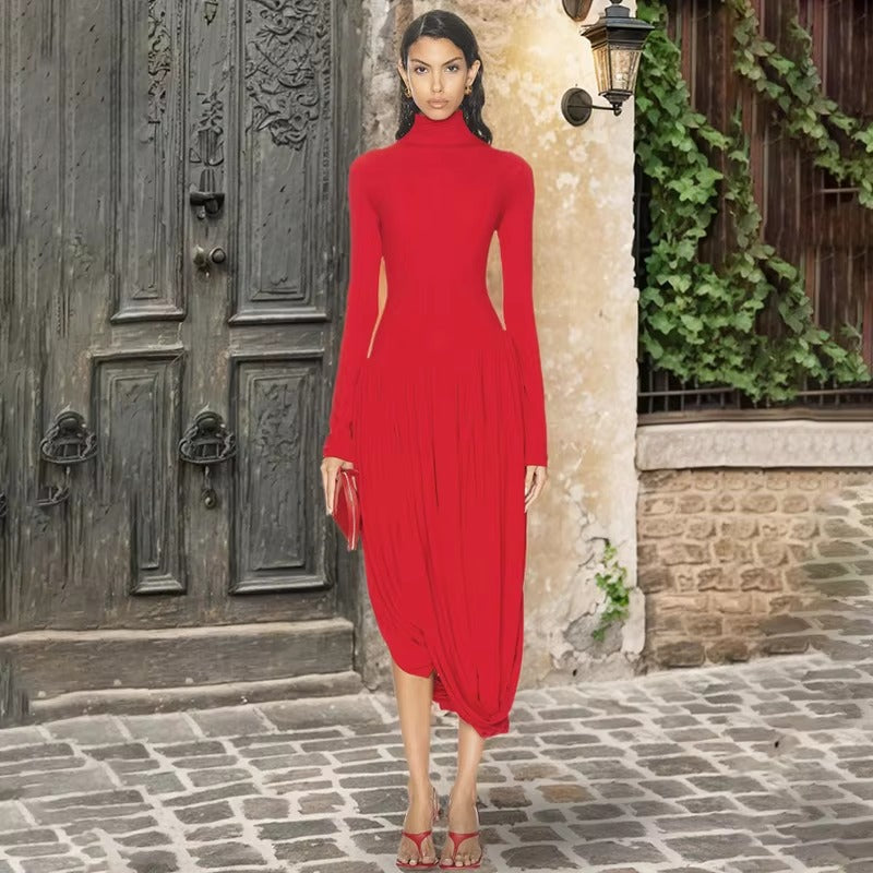 Elegant Irregular Turtleneck Tassel Loose Waist Midi Dress