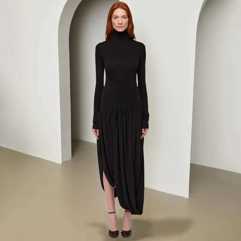 Elegant Irregular Turtleneck Tassel Loose Waist Midi Dress