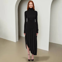 Elegant Irregular Turtleneck Tassel Loose Waist Midi Dress