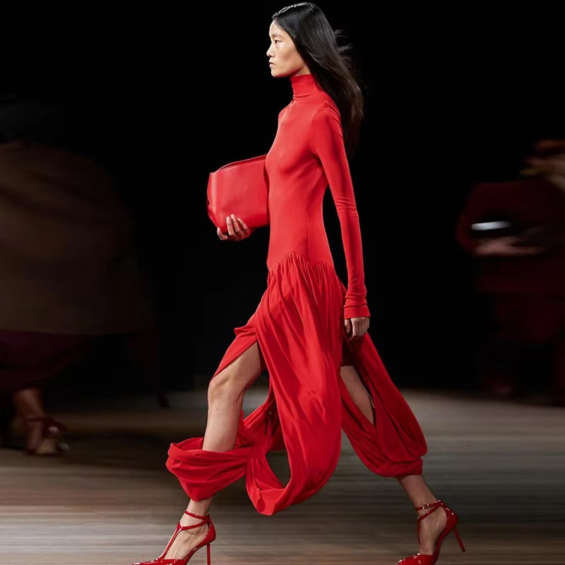 Elegant Irregular Turtleneck Tassel Loose Waist Midi Dress