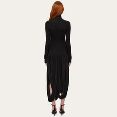 Elegant Irregular Turtleneck Tassel Loose Waist Midi Dress
