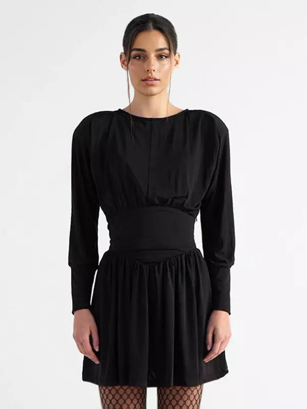 Elegant Jewel Long Sleeve Pleated Skater Mini Dress