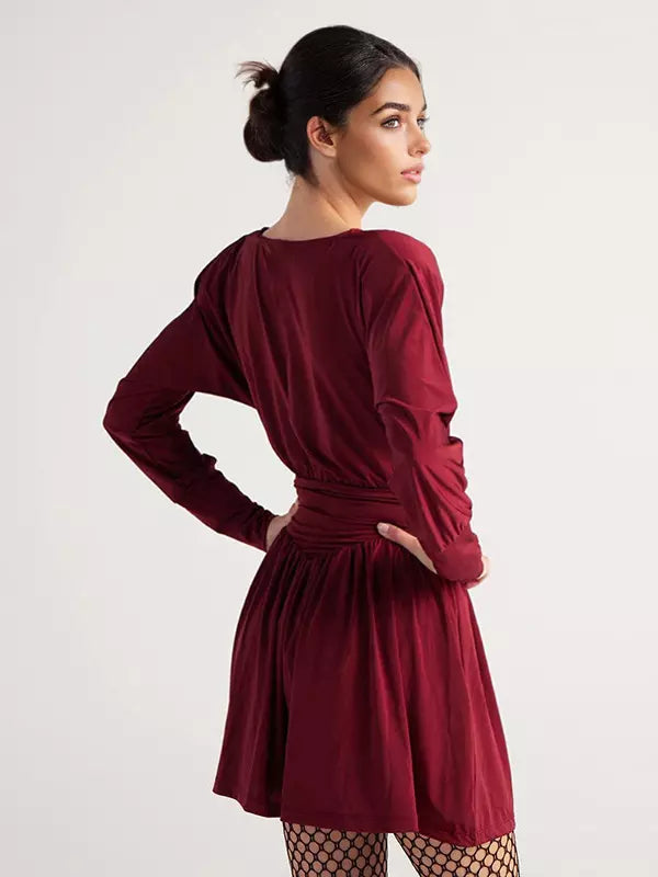 Elegant Jewel Long Sleeve Pleated Skater Mini Dress