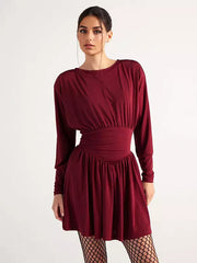 Elegant Jewel Long Sleeve Pleated Skater Mini Dress