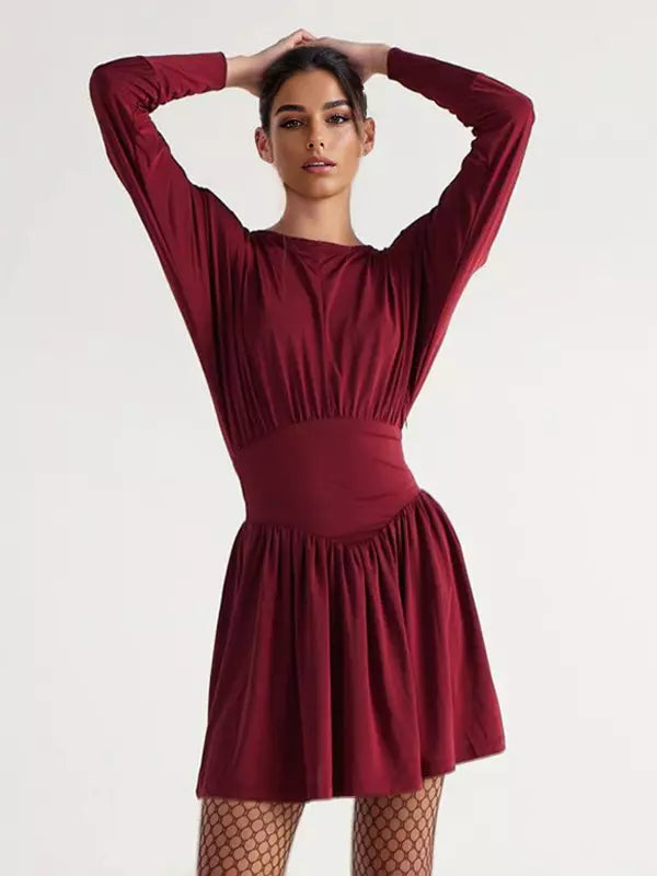 Elegant Jewel Long Sleeve Pleated Skater Mini Dress