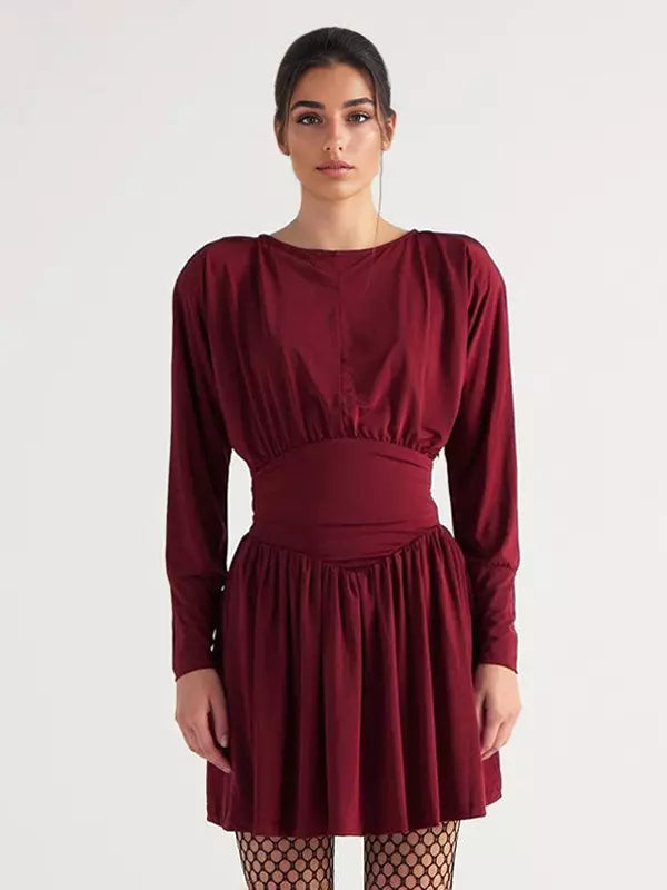 Elegant Jewel Long Sleeve Pleated Skater Mini Dress