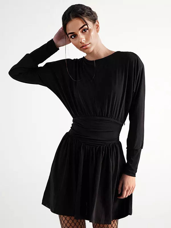 Elegant Jewel Long Sleeve Pleated Skater Mini Dress