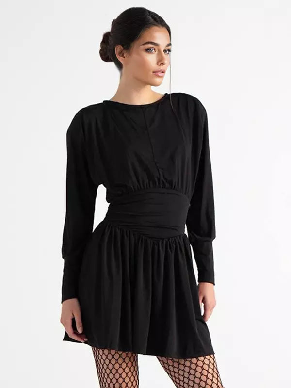 Elegant Jewel Long Sleeve Pleated Skater Mini Dress