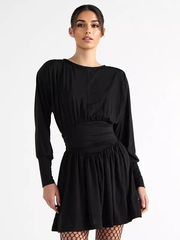 Elegant Jewel Long Sleeve Pleated Skater Mini Dress