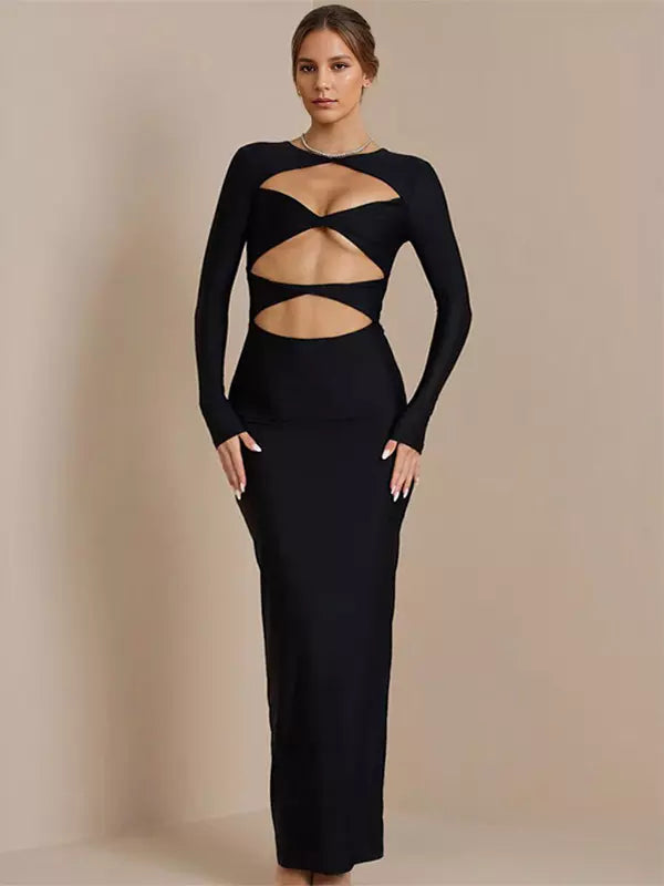 Elegant Jewel Neck Cut Out Long Sleeves Bodycon Maxi Dress