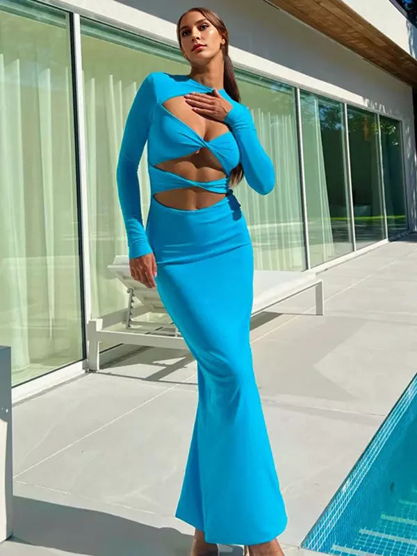 Elegant Jewel Neck Cut Out Long Sleeves Bodycon Maxi Dress