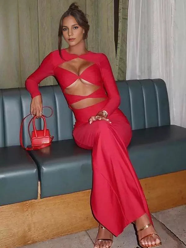 Elegant Jewel Neck Cut Out Long Sleeves Bodycon Maxi Dress