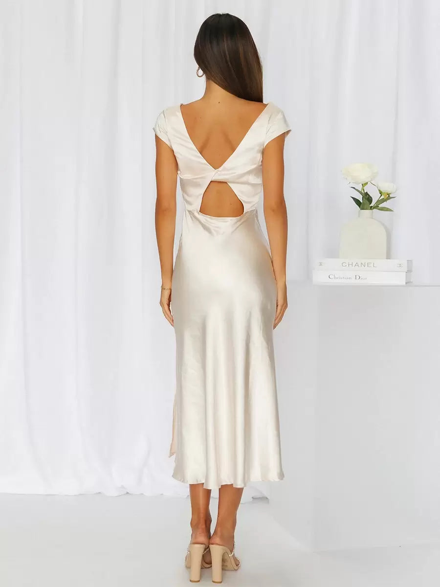Elegant Jewel Neck Cut Out Short Sleeves Semi Party Formal Dress