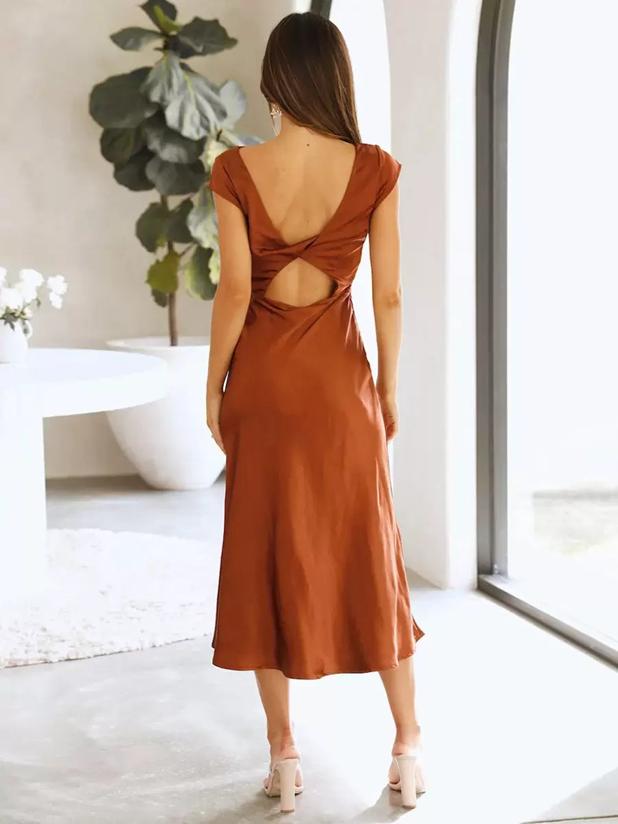 Elegant Jewel Neck Cut Out Short Sleeves Semi Party Formal Dress