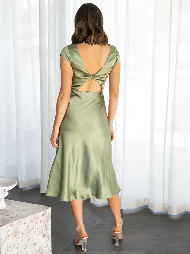Elegant Jewel Neck Cut Out Short Sleeves Semi Party Formal Dress