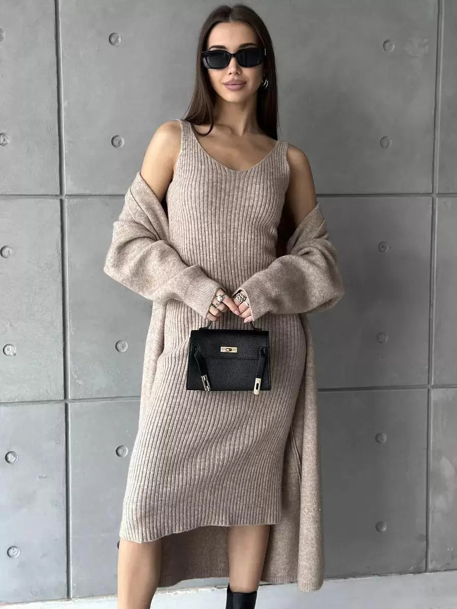 Elegant Jewel Neck Long Sleeves Outerwear 2pieces Set Knitted Dress