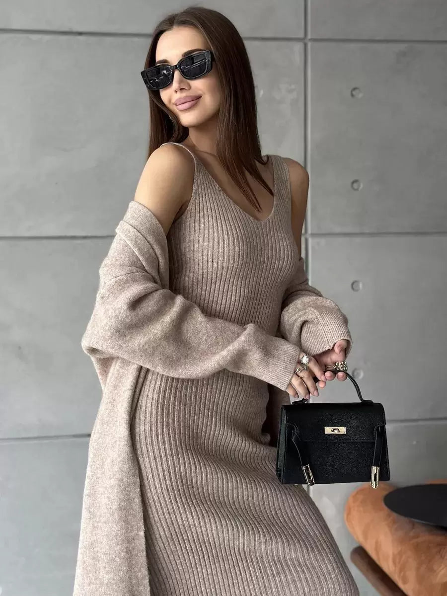 Elegant Jewel Neck Long Sleeves Outerwear 2pieces Set Knitted Dress