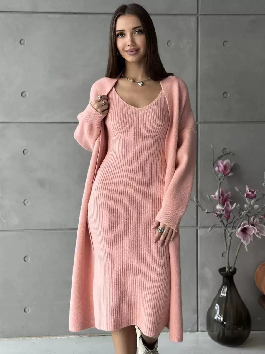 Elegant Jewel Neck Long Sleeves Outerwear 2pieces Set Knitted Dress