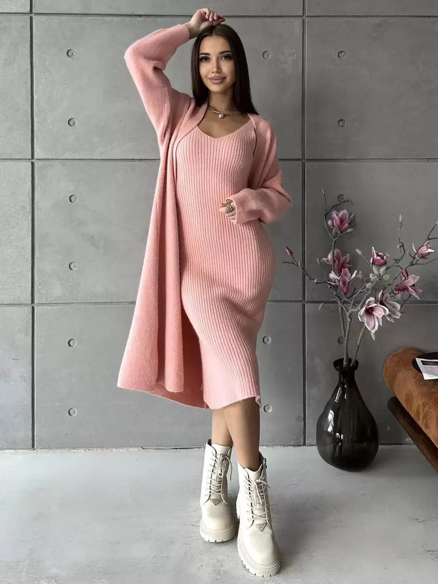 Elegant Jewel Neck Long Sleeves Outerwear 2pieces Set Knitted Dress
